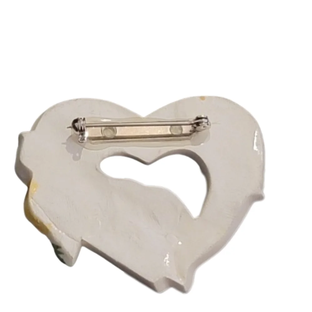Vintage Ceramic Heart Brooch with Pansies and Wildflowers